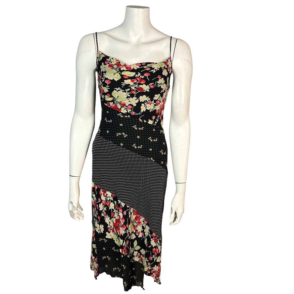 90s Slip Dress Cherries Floral Size 1/2 XS Express Silk Patchwork Retro